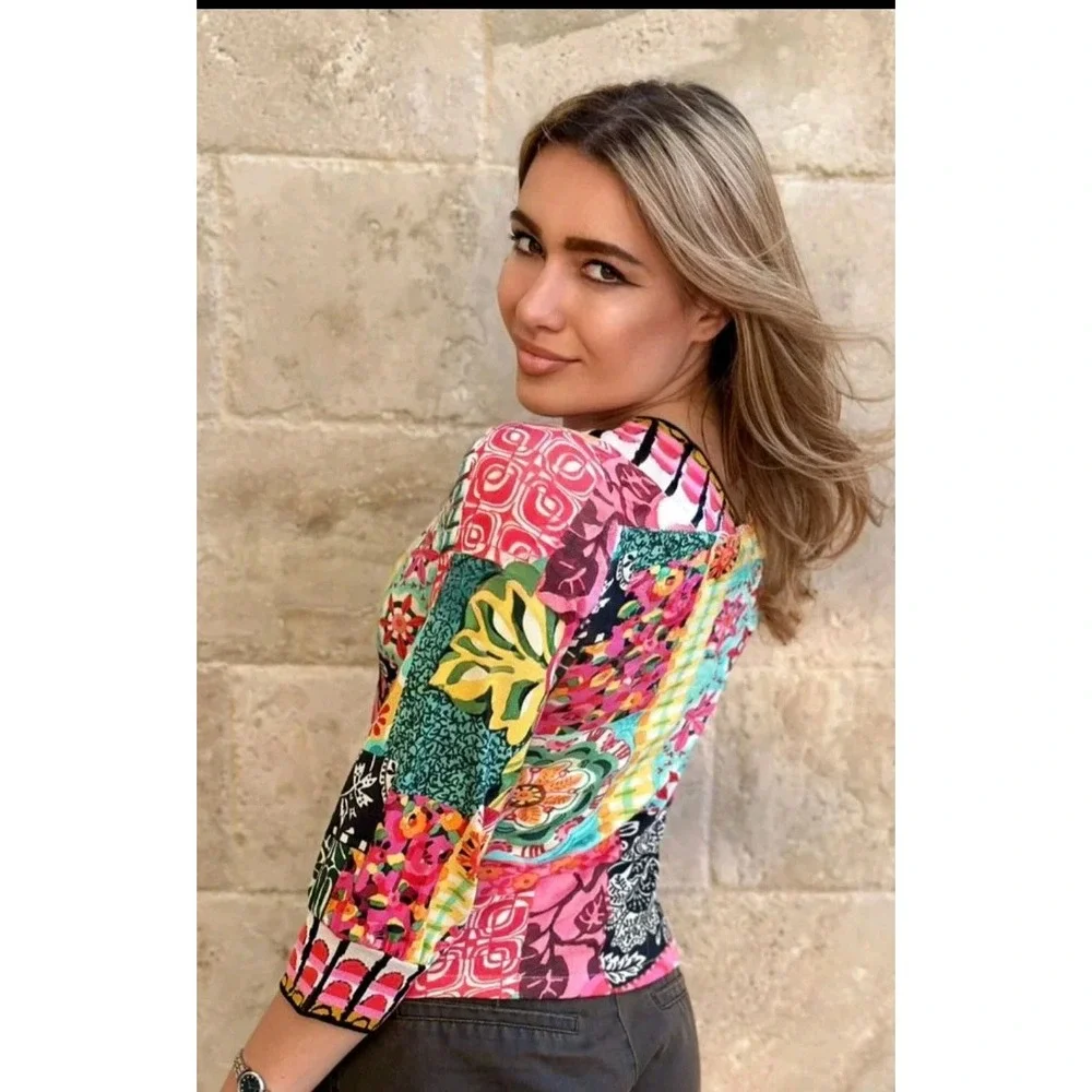 NEW Aldo Martins SZ M-L  Double V Neckline Vibrant Pullover Top $250